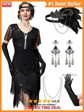 1920s Flapper Dress Fringe Sequin Short Sleeve Great Gatsby Costume